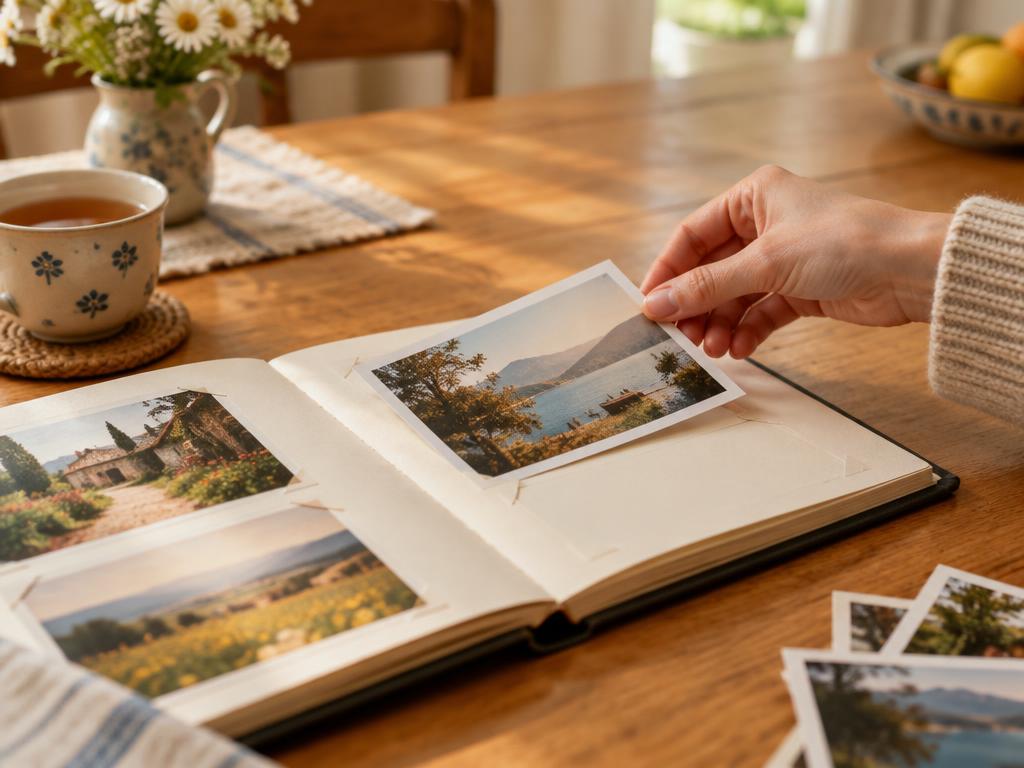 A hand placing a printed photograph into an open family album on a wooden table