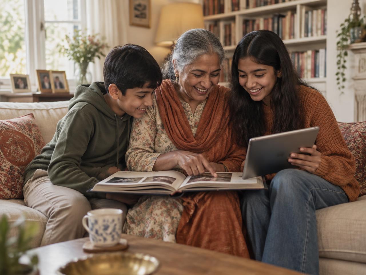 A grandmother on the sofa with her two grandchildren leaning in together over a photo album and a tablet, all laughing